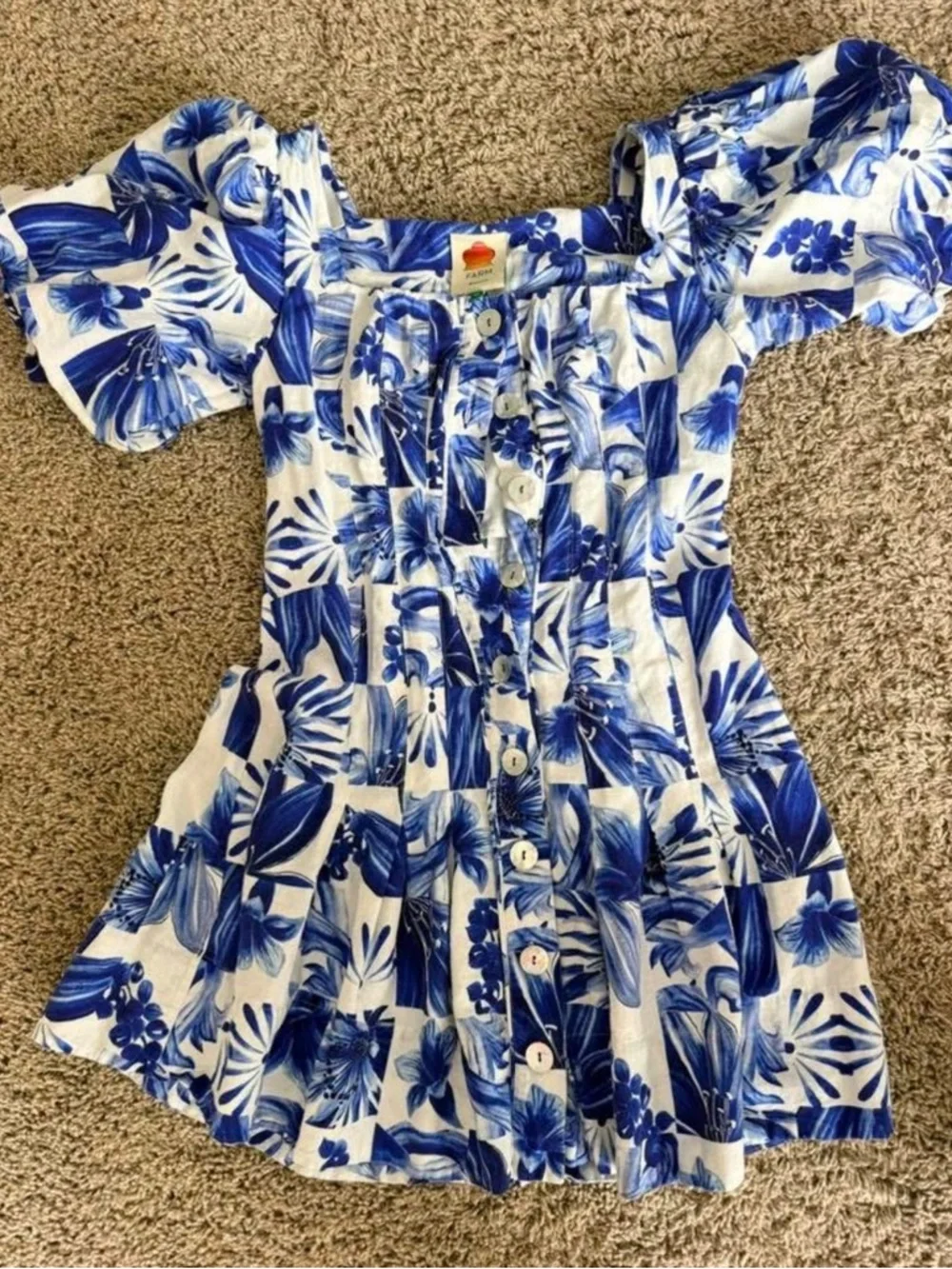 FARM Rio Blue & White Floral Puff-Sleeve Mini Dress Tiles Linen Mini - Picture 2 of 3